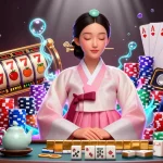 Try ทดลองเล่นสล็อต with vibrant slot reels, poker chips, and an elegant Asian woman in a casino setting.