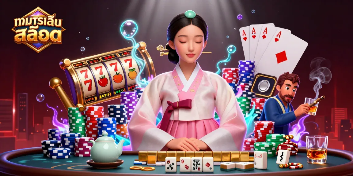 Try ทดลองเล่นสล็อต with vibrant slot reels, poker chips, and an elegant Asian woman in a casino setting.