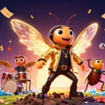 Engage in bóng đá trực tiếp with a lively 3D scene featuring a rock star cicada and dynamic gambling elements.