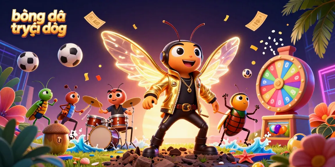 Engage in bóng đá trực tiếp with a lively 3D scene featuring a rock star cicada and dynamic gambling elements.