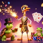 Experience bóng đá trực tiếp with vibrant gambling elements and dynamic scene featuring fun characters.