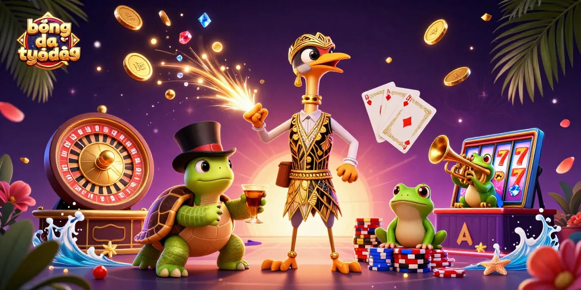 Experience bóng đá trực tiếp with vibrant gambling elements and dynamic scene featuring fun characters.