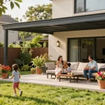 Moderne Terrassenüberdachungen in einem sonnigen Garten mit Familie und Spiel.