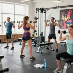 Aktive Fitnessgruppe im Deus Shop, die Gewichte hebt und trainiert.