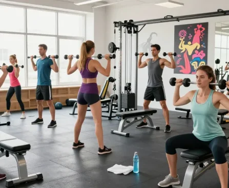 Aktive Fitnessgruppe im Deus Shop, die Gewichte hebt und trainiert.