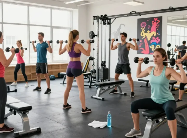 Aktive Fitnessgruppe im Deus Shop, die Gewichte hebt und trainiert.