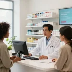 Verkäufer im Selliza Pharma Shop hilft einem Kunden beim Kauf von Gesundheitsprodukten.