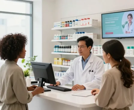 Verkäufer im Selliza Pharma Shop hilft einem Kunden beim Kauf von Gesundheitsprodukten.