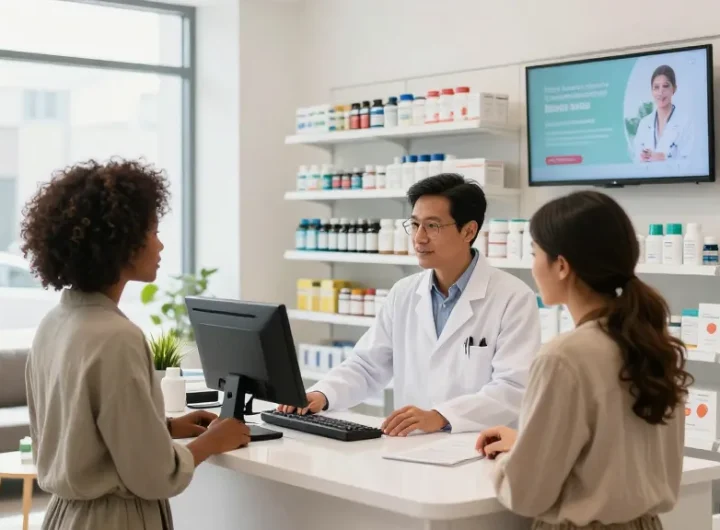 Verkäufer im Selliza Pharma Shop hilft einem Kunden beim Kauf von Gesundheitsprodukten.