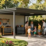 Moderne Carport-Design in heimischem Garten, Familienzeit genießen.