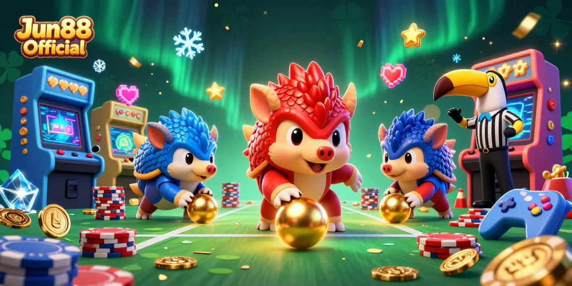 Engage with Jun88 Official's exciting slot games in a vibrant gambling scene featuring cartoon pangolins.