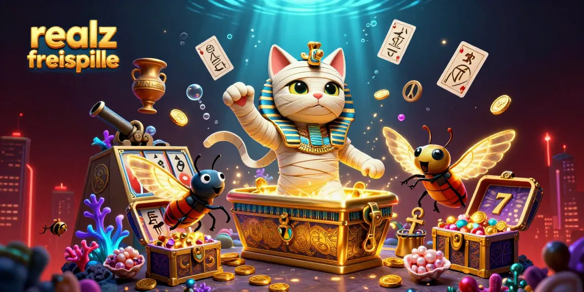 realz casino freispiele nutzen mit einer lebhaften 3D-Darstellung von Slot-Reels und ägyptischer Mumienkatze.