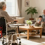 Buy nobility aids for independence at home, showcasing an elderly person using a walker in a warm family living room.