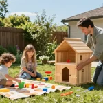 Familie baut Gartenhäuser im sonnigen Garten und genießt die Zeit im Freien.