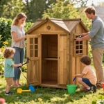 Gartenhaus kaufen und Freude im eigenen Garten erleben, während eine Familie zusammen arbeitet.