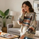 Fashionably dressed woman enjoying her style in a cozy living room, reflecting the modern lifestyle of wissenmagazine.de.