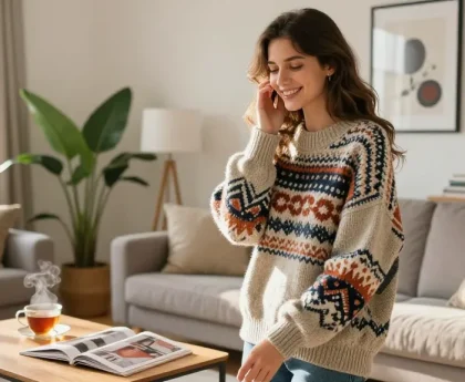 Fashionably dressed woman enjoying her style in a cozy living room, reflecting the modern lifestyle of wissenmagazine.de.
