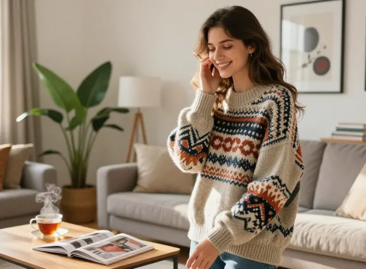 Fashionably dressed woman enjoying her style in a cozy living room, reflecting the modern lifestyle of wissenmagazine.de.