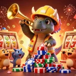 Engage in exciting gameplay with sunwint1 as a vibrant triceratops builds a poker chip pyramid surrounded by casino elements.