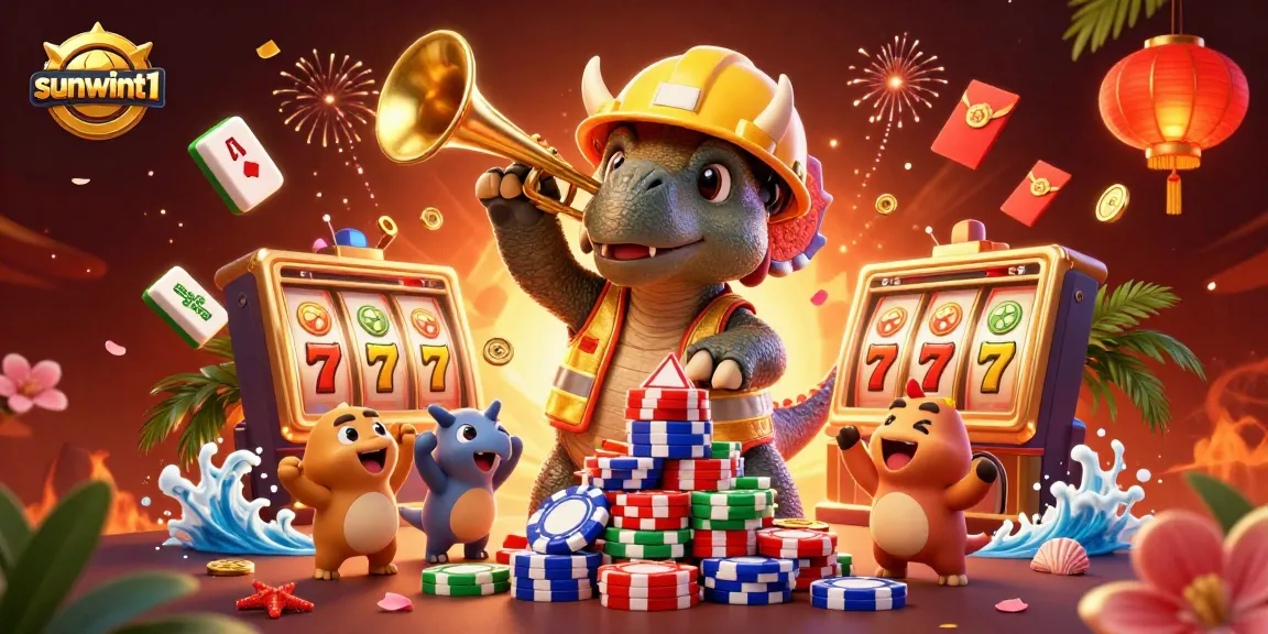 Engage in exciting gameplay with sunwint1 as a vibrant triceratops builds a poker chip pyramid surrounded by casino elements.